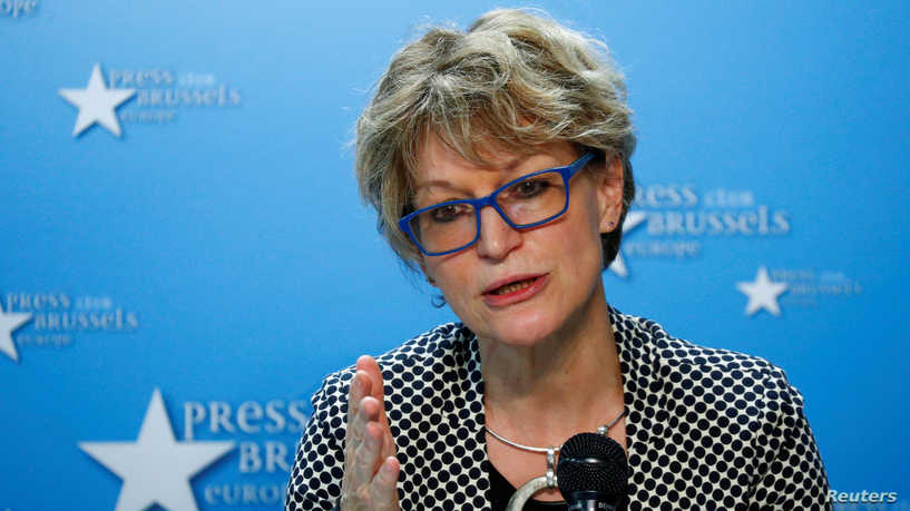 FILE PHOTO: Agnes Callamard, U.N. special rapporteur on extrajudicial, summary or arbitrary executions, holds a joint news conference with Hatice Cengiz, the fiancee of murdered journalist Jamal Khashoggi, in Brussels, Belgium December 3, 2019. REUTERS/Francois Lenoir/File Photo