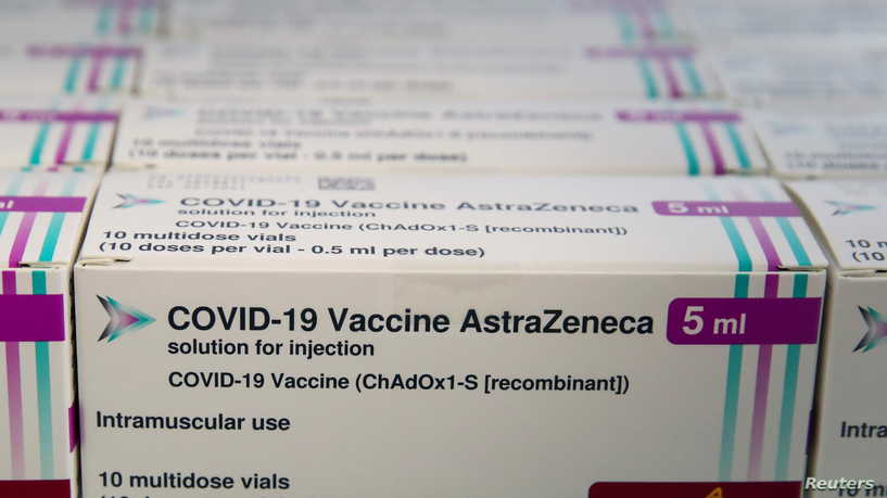 Boxes of AstraZeneca COVID-19 vaccine are seen at a vaccination center, amid the coronavirus disease outbreak, in Ronquieres, Belgium April 6, 2021. REUTERS/Yves Herman