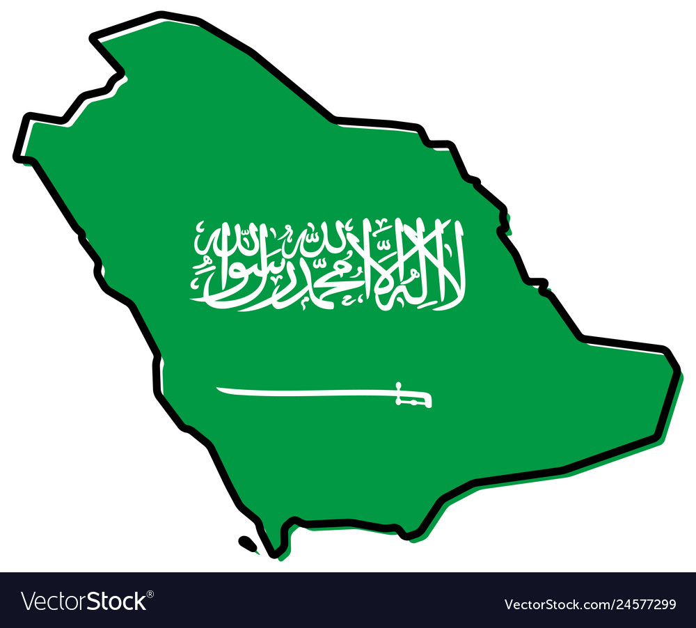 Simplified map - Kingdom of Saudi Arabia (KSA) outline, with slightly bent flag under it.