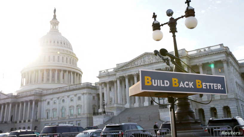 A lectern is seen before the start of a media event about the Build Back Better package with Senate Democrats outside the U.S. Capitol in Washington, December 15, 2021. REUTERS/Elizabeth Frantz