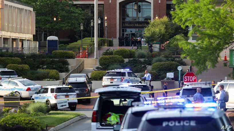 Police keeps the campus on lockdown after a shooting at the University of North Carolina Charlotte in University City, Charlotte, on April 30, 2019. - Six people were shot, two of them died on the University of North Carolina Charlotte campus. One person was taken into custody, according to police sources. (Photo by Logan Cyrus / AFP)