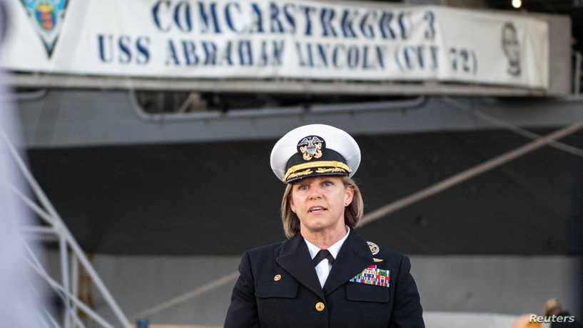 Captain Amy Bauernschmidt, commanding officer of the U.S. Navy Nimitz-class aircraft carrier USS Abraham Lincoln, speaks with local media before the ship gets underway for a regularly-scheduled deployment in San Diego, California, U.S. January 3, 2022.  U.S. Navy/Handout via REUTERS THIS IMAGE HAS BEEN SUPPLIED BY A THIRD PARTY.