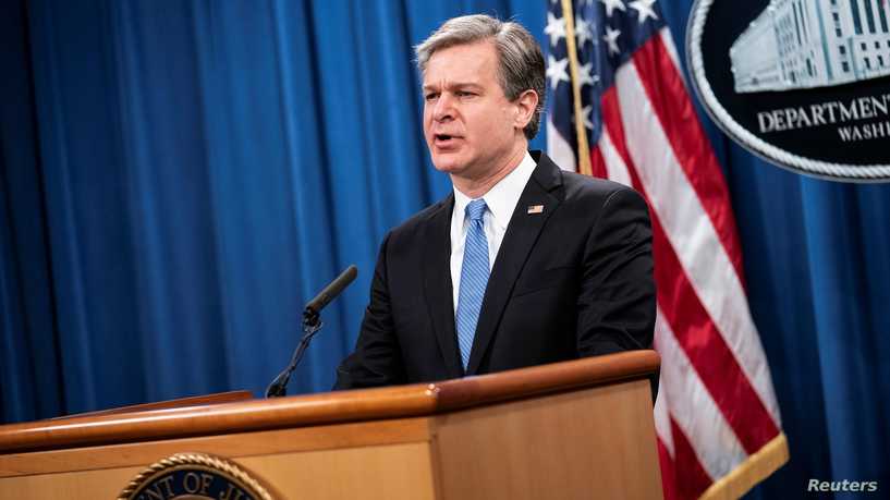 FBI Director Christopher Wray speaks during a virtual news conference at the Department of Justice in Washington, U.S., October 28, 2020 Sarah Silbiger/Pool via REUTERS