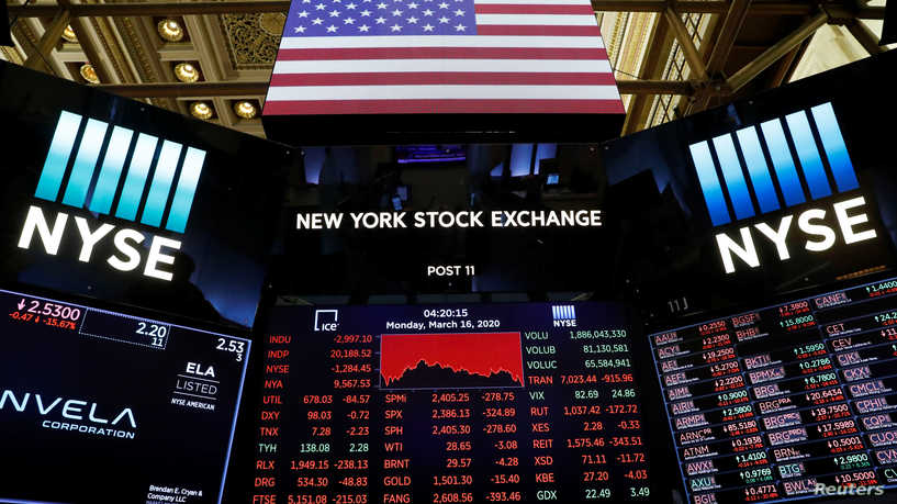 A price screen display is seen above the floor of the New York Stock Exchange (NYSE) shortly as coronavirus disease (COVID-19) cases in the city of New York rise, in New York, U.S., March 16, 2020. REUTERS/Lucas Jackson