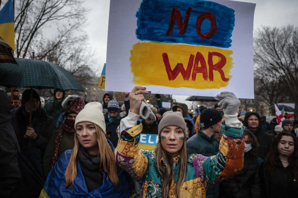 WASHINGTON, DC - FEBRUARY 24: Anti-war demonstrators and Ukrainians living in the U.S. protest against Russia's military operation in Ukraine in Lafayette Park on February 24, 2022 in Washington, DC. Russian President Vladimir Putin launched a full-scale invasion of Ukraine on February 24th. (Photo by Anna Moneymaker/Getty Images)
