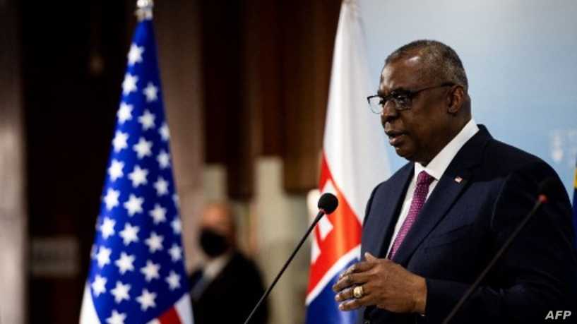 US Secretary of Defence Lloyd Austin holds a joint press conference with the Slovak Minister of Defence, at the Slovak Ministry of Defence in Bratislava, on March 17, 2022. (Photo by VLADIMIR SIMICEK / AFP)