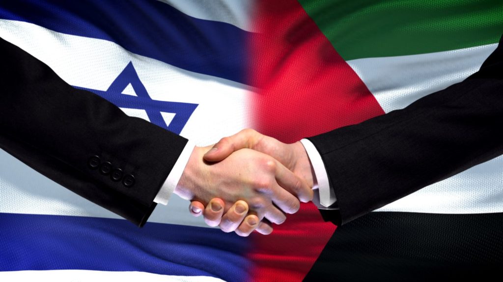 Israel and Palestine handshake, international friendship policy, flag background