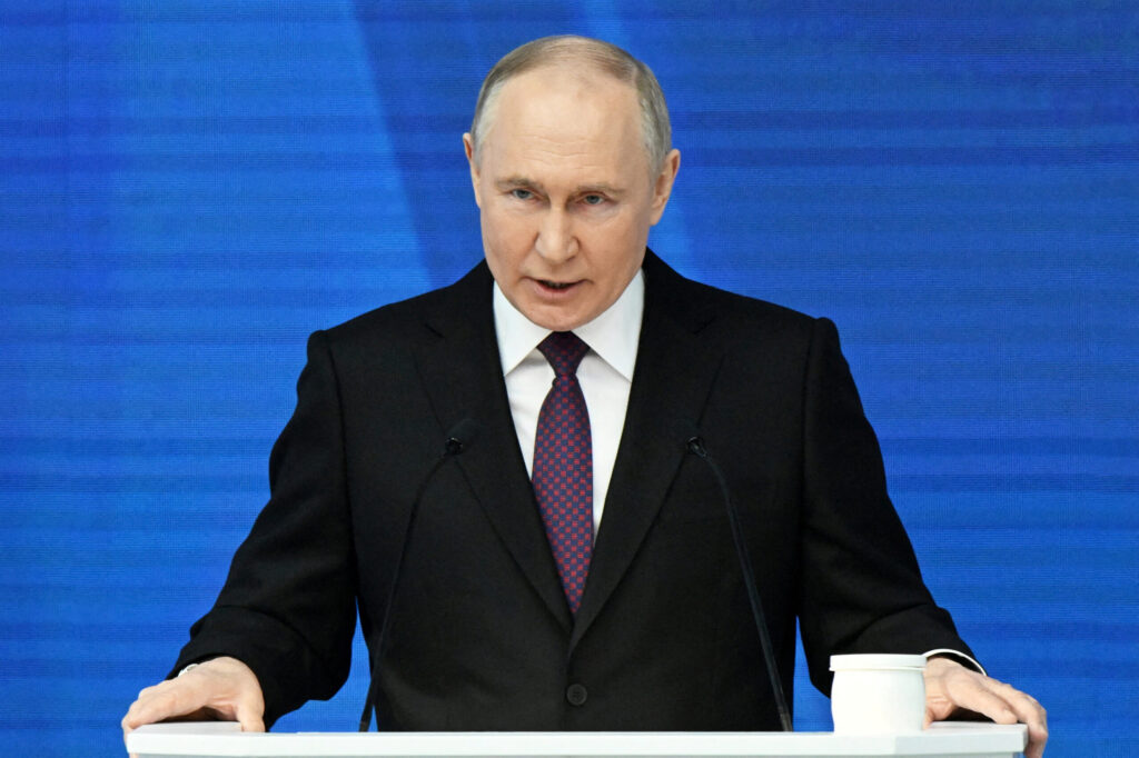 Russian President Vladimir Putin delivers his annual address to the Federal Assembly, in Moscow, Russia, February 29, 2024.  Sputnik/Sergey Guneev/Kremlin via REUTERS ATTENTION EDITORS - THIS IMAGE WAS PROVIDED BY A THIRD PARTY.
