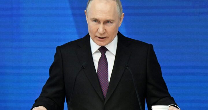 Russian President Vladimir Putin delivers his annual address to the Federal Assembly, in Moscow, Russia, February 29, 2024.  Sputnik/Sergey Guneev/Kremlin via REUTERS ATTENTION EDITORS - THIS IMAGE WAS PROVIDED BY A THIRD PARTY.