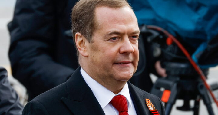 Deputy Chairman of Russia's Security Council Dmitry Medvedev attends a military parade on Victory Day, which marks the 77th anniversary of the victory over Nazi Germany in World War Two, in Red Square in central Moscow, Russia May 9, 2022. REUTERS/Maxim Shemetov